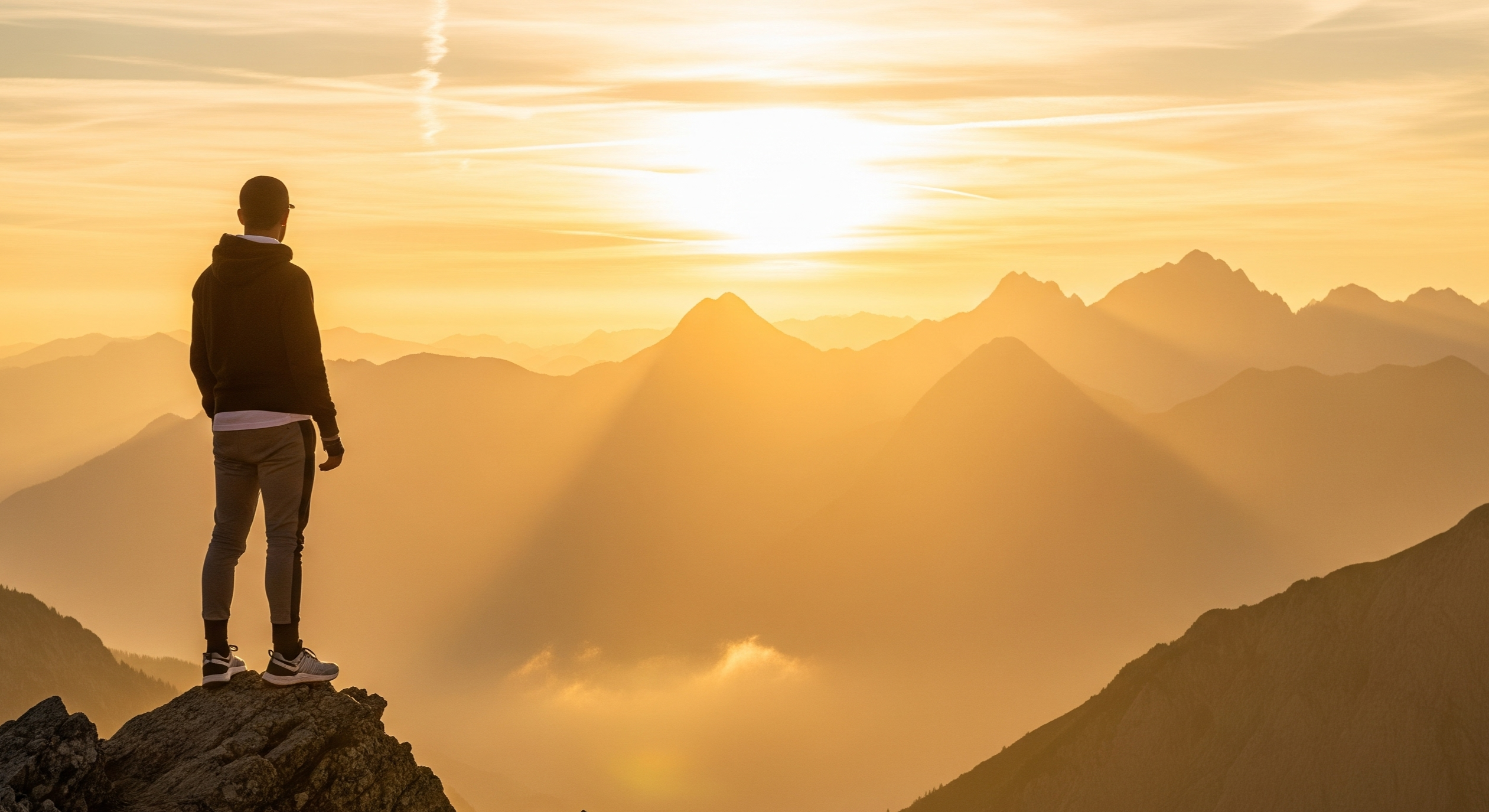 Person standing on a mountain peak at sunset with a vast mountain range in the background